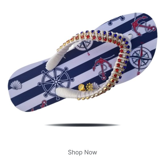 Women's Luxury nautical flip flops, with crystals and rhinestones, all occasions - Picture 1 of 17